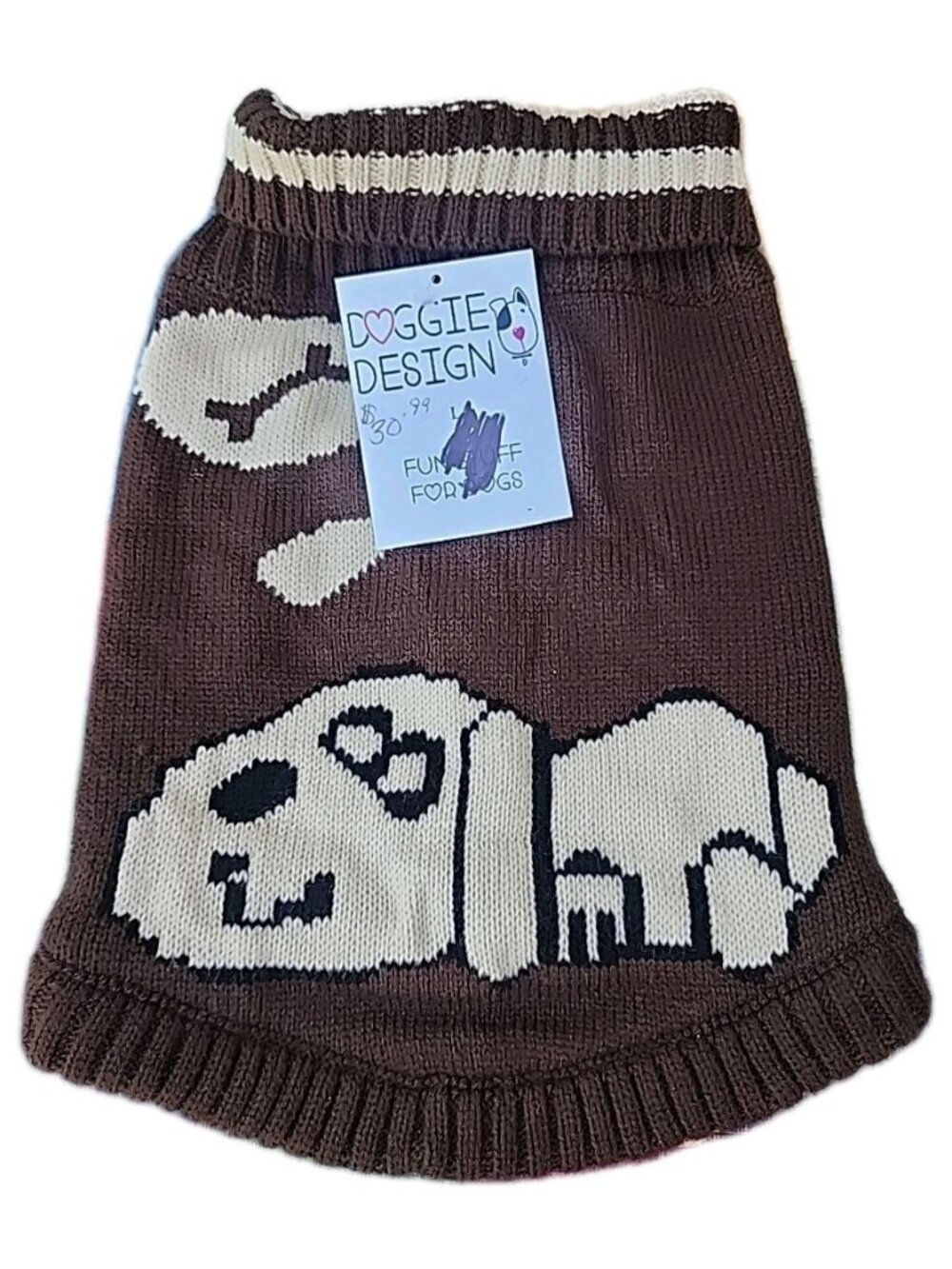 Doggie Design Whimzy Sleeping Dog Dream Bone Brown & Cream Knit Dog Sweater Sz L